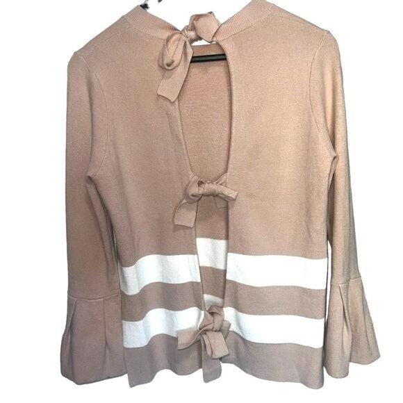 RACHEL Rachel Roy Sweater Womens Medium Beige Viscose Knit Bell Sleeve Bow Back - Picture 3 of 11